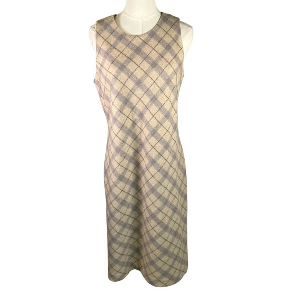 Willi Smith Petite Wool Dress Plaid‎ Sleeveless Beige Purple 10P Career Italy